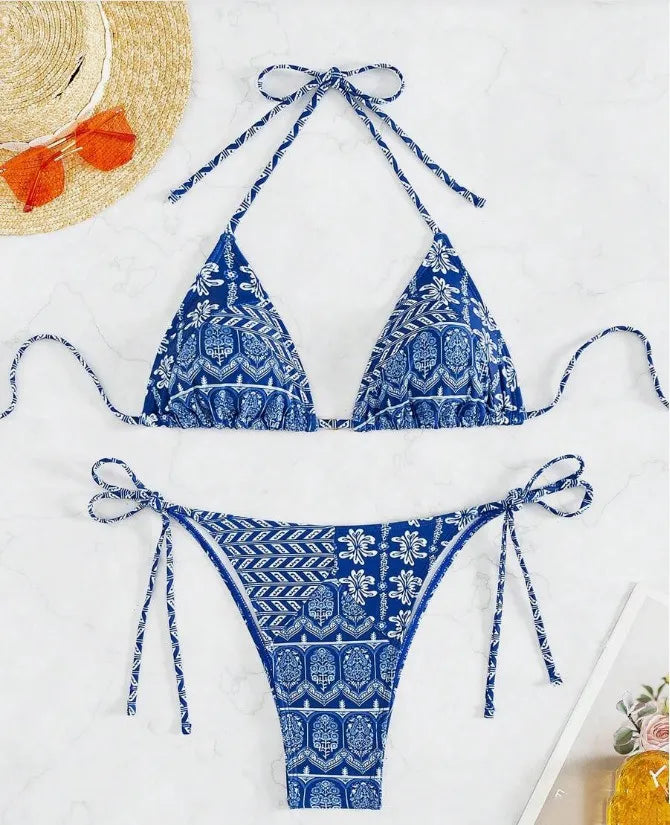 Printed Split Bikini Set | Bandage Style Two-Piece Swimsuit | Trendy Beachwear