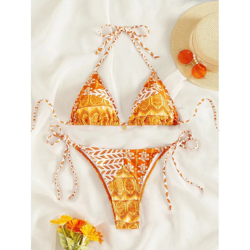 Printed Split Bikini Set | Bandage Style Two-Piece Swimsuit | Trendy Beachwear