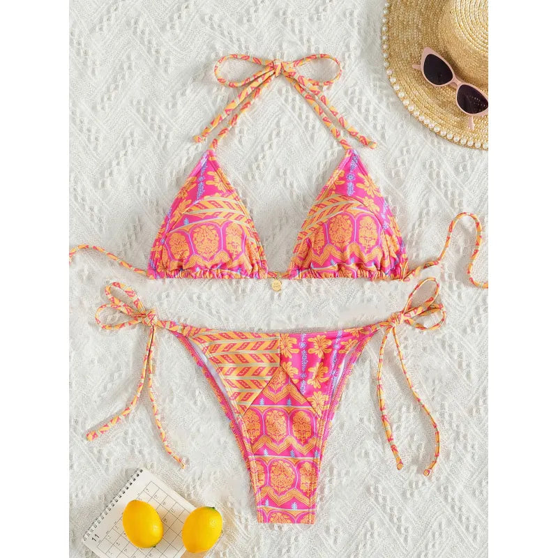 Printed Split Bikini Set | Bandage Style Two-Piece Swimsuit | Trendy Beachwear