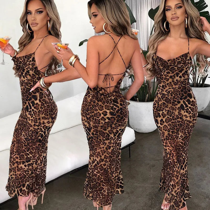 Leopard Print Lace-Up Slim Fit Long Dress