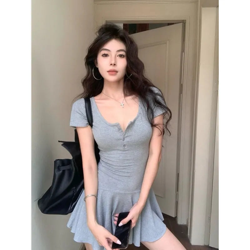 Elegant Gray U-Neck Bodycon Dress