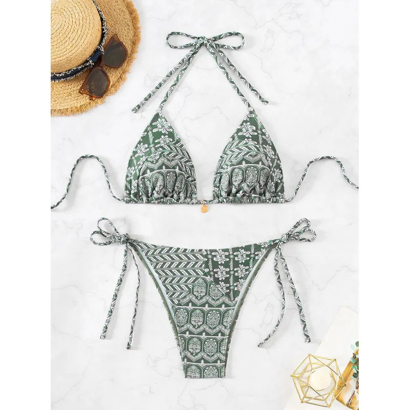 Printed Split Bikini Set | Bandage Style Two-Piece Swimsuit | Trendy Beachwear