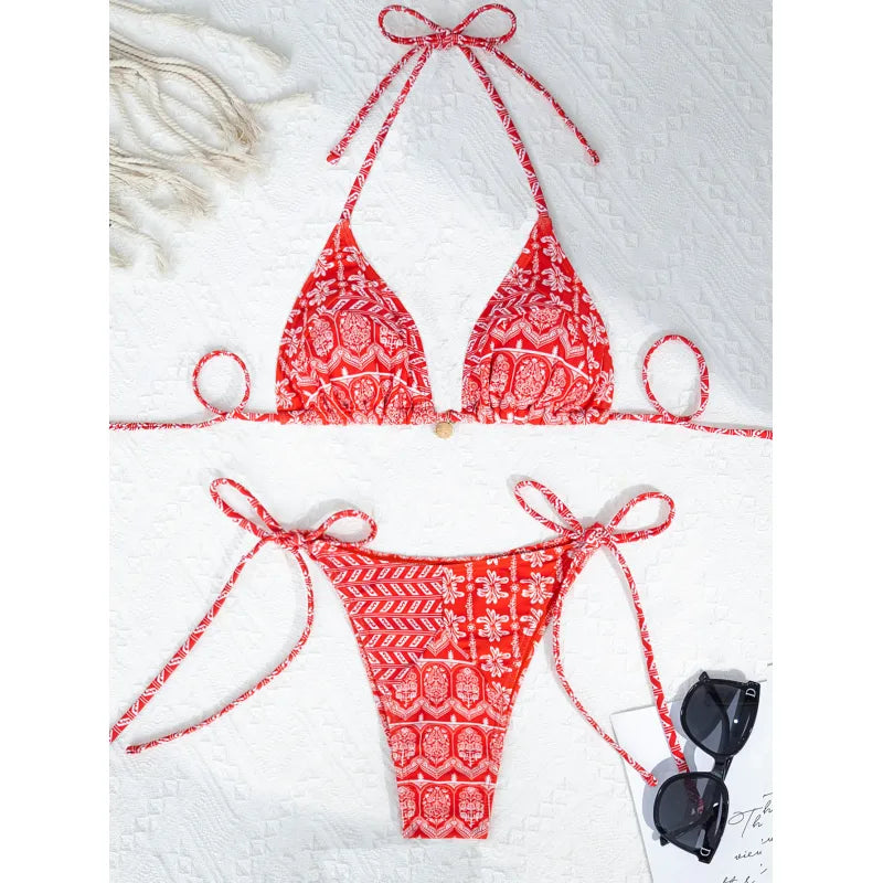 Printed Split Bikini Set | Bandage Style Two-Piece Swimsuit | Trendy Beachwear